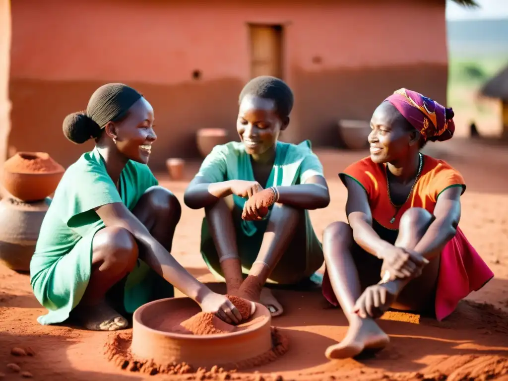 Terapias con arcilla y barro en África: Mujeres aplicando arcilla roja en un ritual de belleza comunitario bajo el cálido sol africano