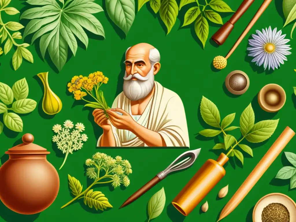 Theophrastus examina plantas medicinales en jardín exuberante, evocando sabiduría en medicina tradicional plantas curativas