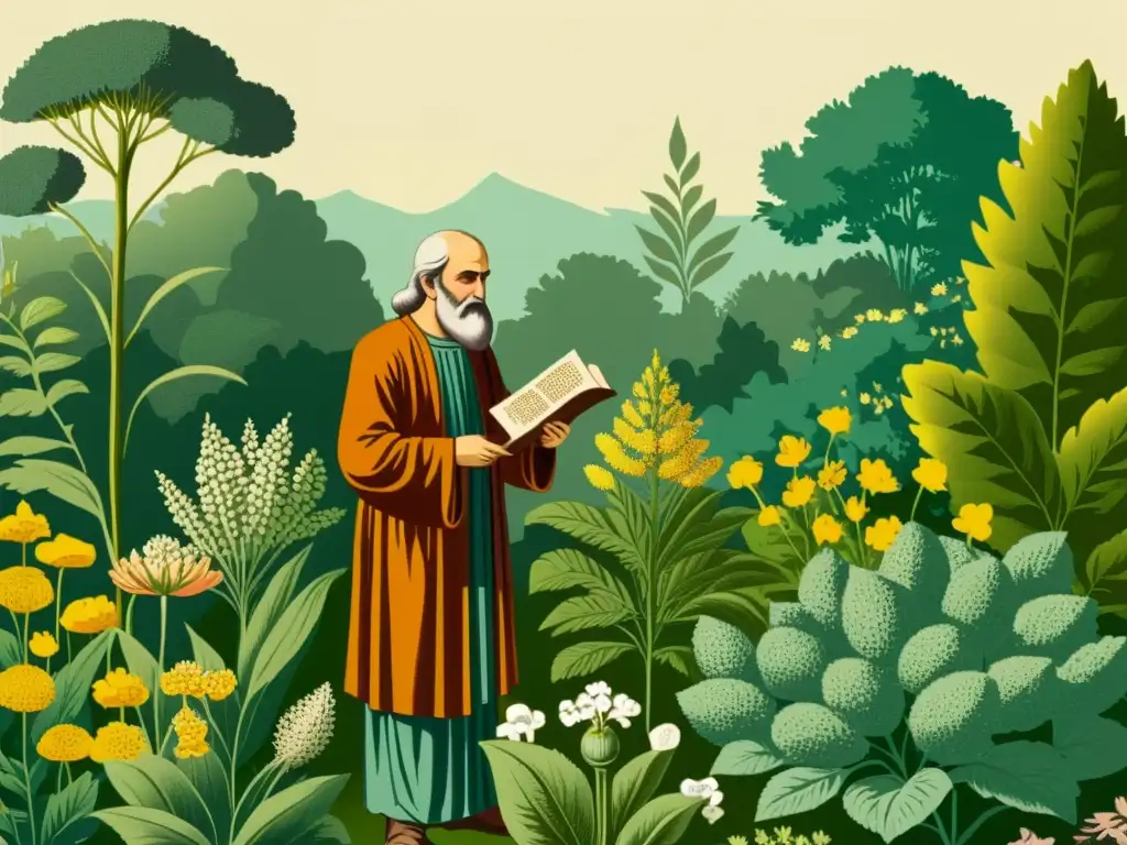 Theophrastus estudia plantas medicinales en jardín botánico, evocando la sabiduría de la medicina tradicional y las plantas curativas