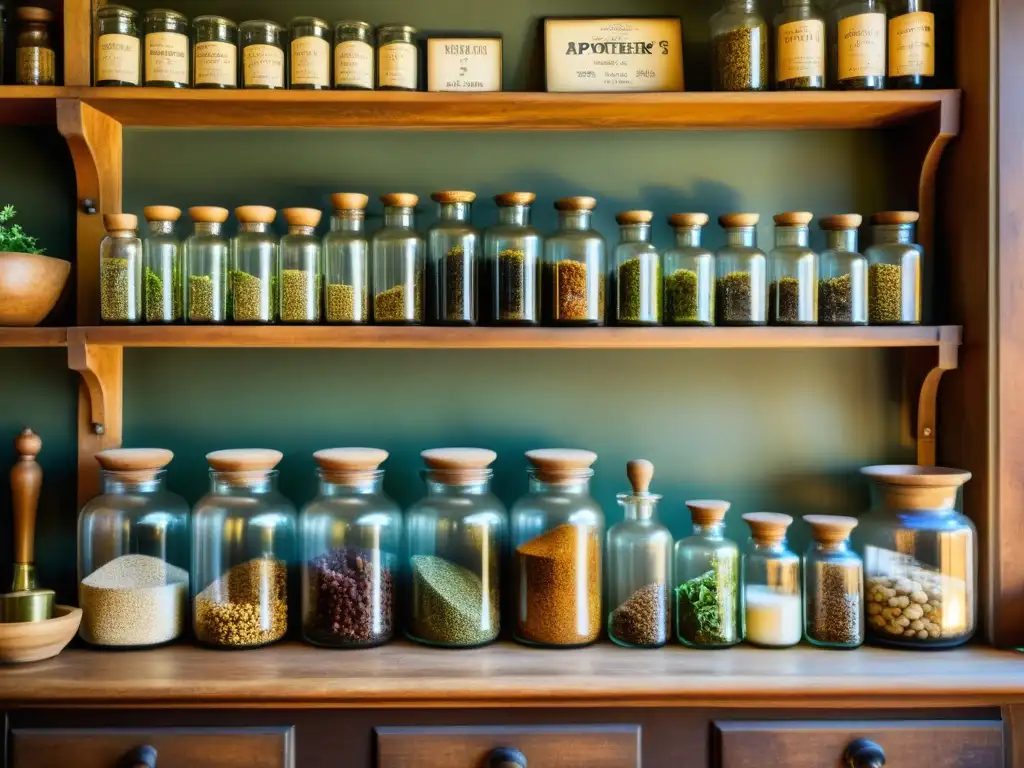 Una tienda de botica vintage llena de hierbas y botánicos en frascos de vidrio, balanzas antiguas, morteros y etiquetas escritas a mano