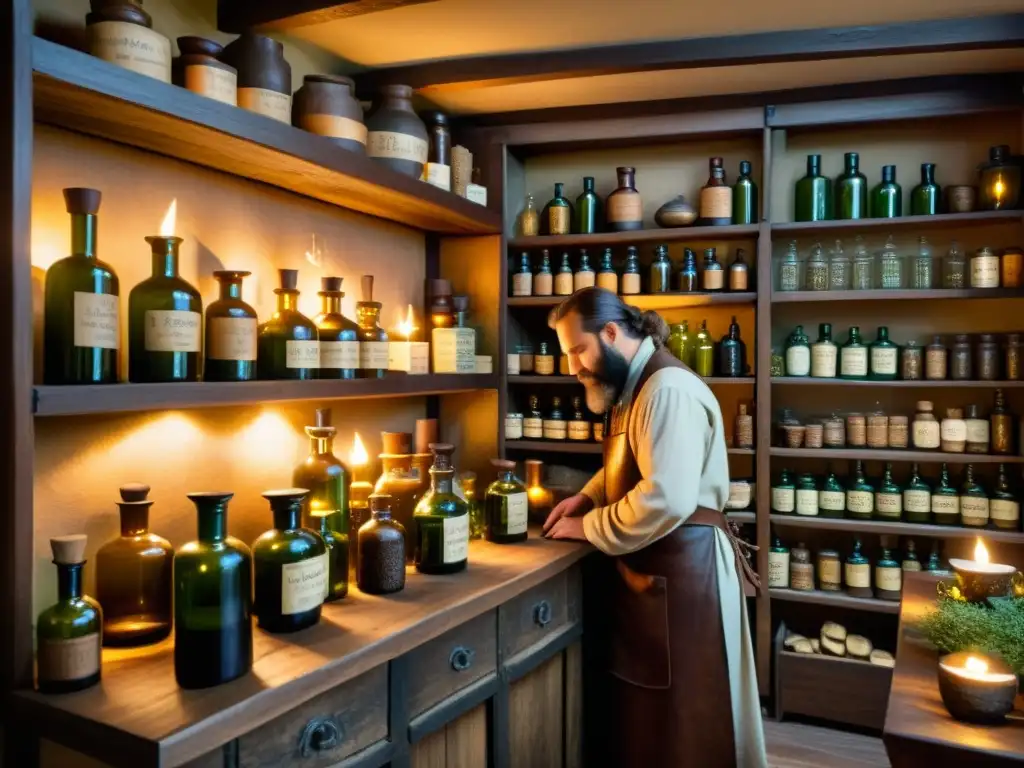 Una tienda de boticario medieval iluminada por velas, repleta de hierbas exóticas y frascos etiquetados con caligrafía detallada