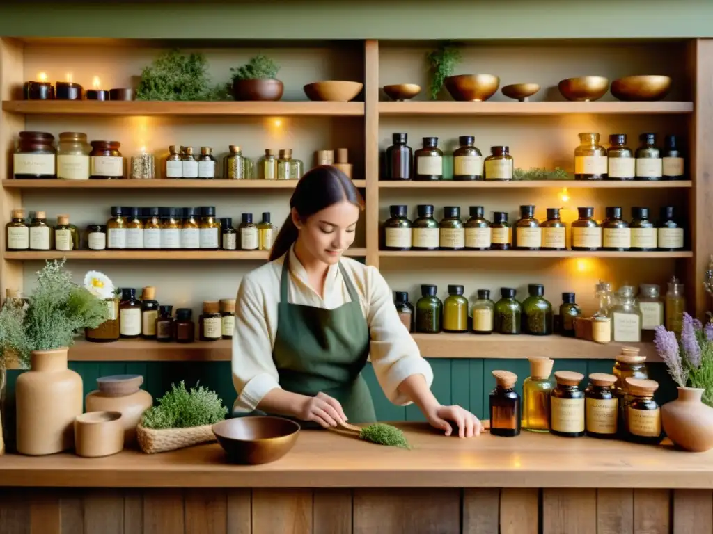 Una tienda de cosmética natural y medicina tradicional, con estantes repletos de hierbas, flores y aceites