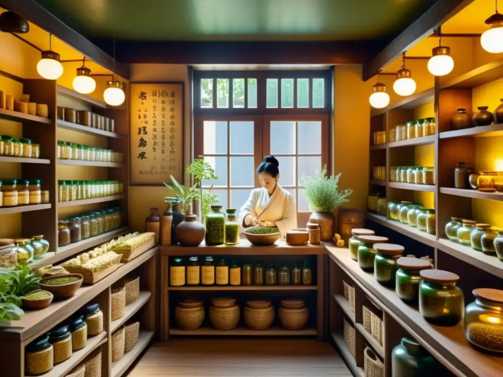 Tienda de hierbas china alquimia, con estantes repletos de ingredientes botánicos