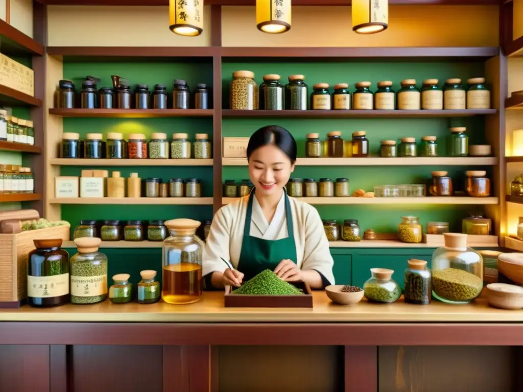 Una tienda de hierbas china tradicional detallada, con un herbolario atendiendo a un cliente en un cálido resplandor de linternas