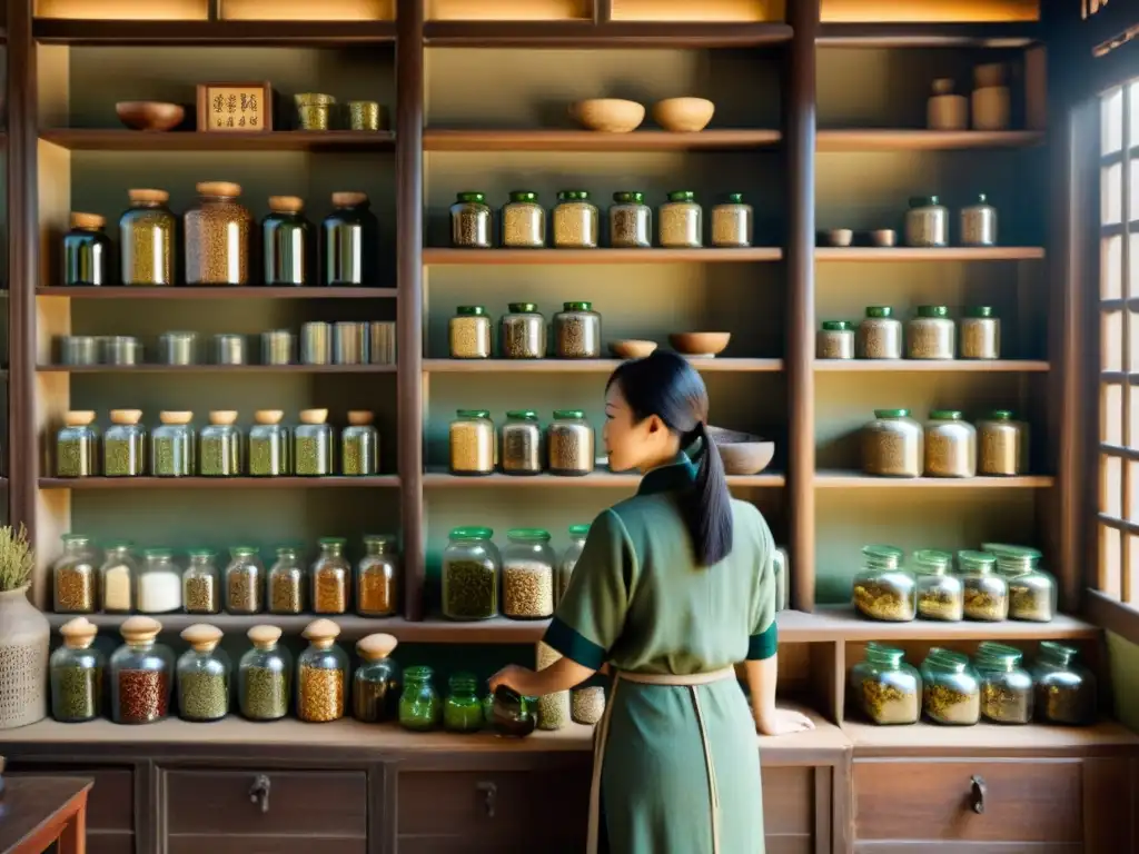 Una tienda de hierbas medicinales china vintage, con estantes llenos de hierbas secas y frascos tradicionales