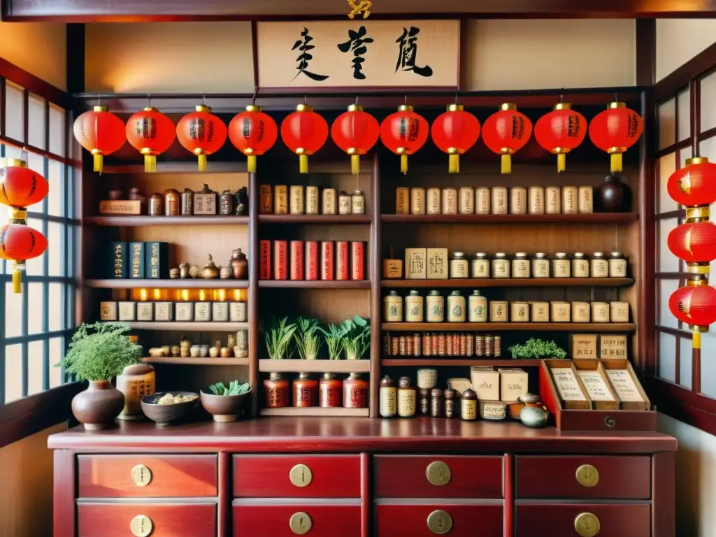 Una tienda de hierbas medicinales china vintage con prácticas tradicionales y cálida iluminación de linternas rojas