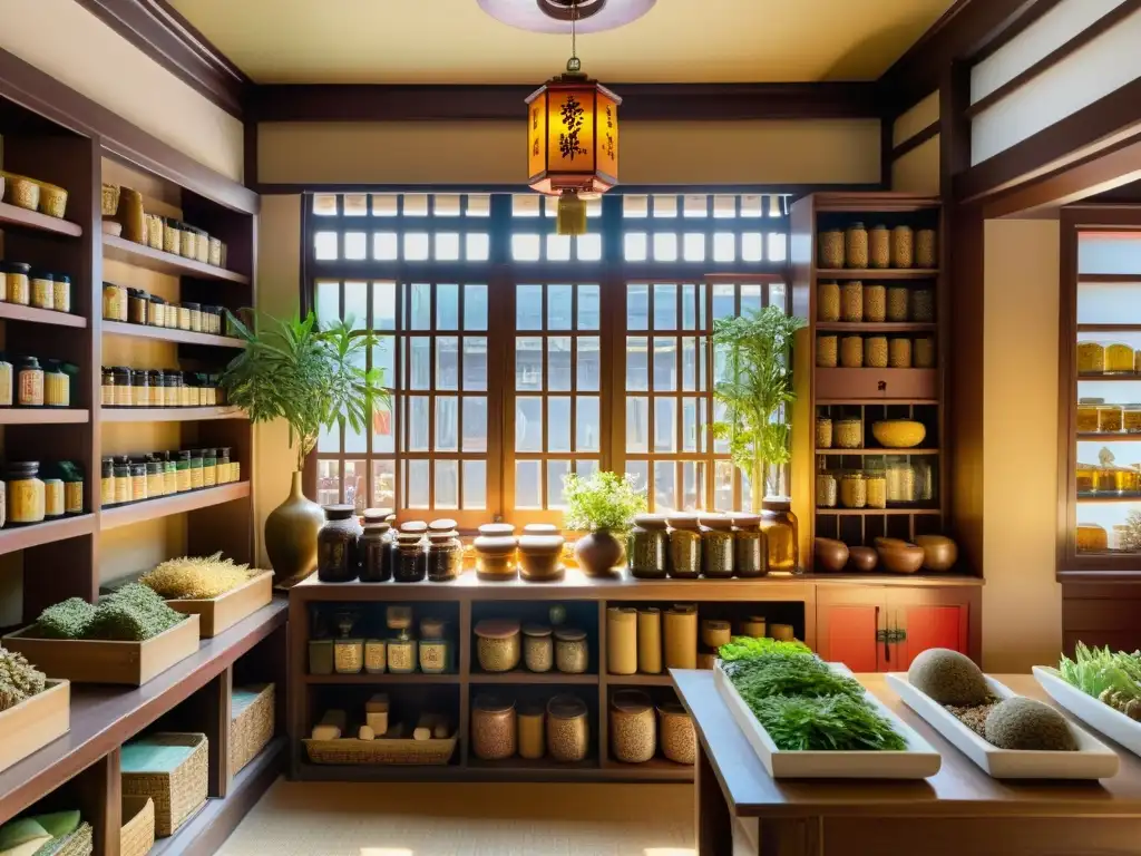 Tienda de Hierbas Chinas: Sabiduría Antigua Tienda de hierbas medicinales china vintage, con actividad y ambiente cálido
