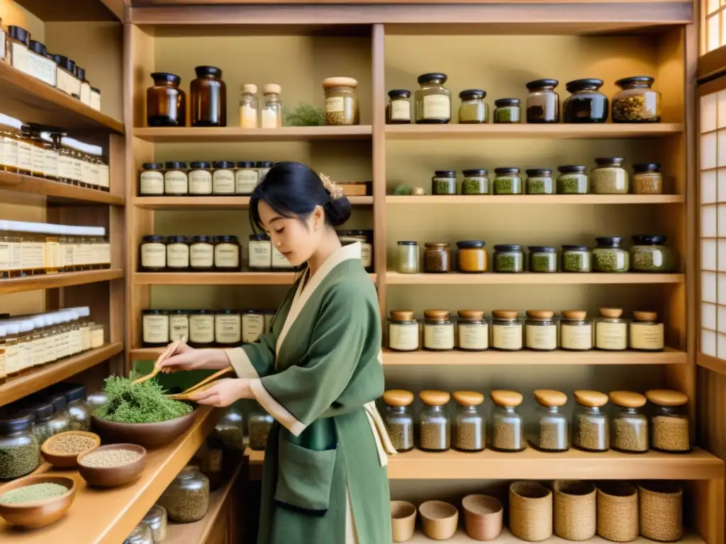 'Una tienda de hierbas medicinales en Japón, con estanterías de madera repletas de frascos de hierbas secas