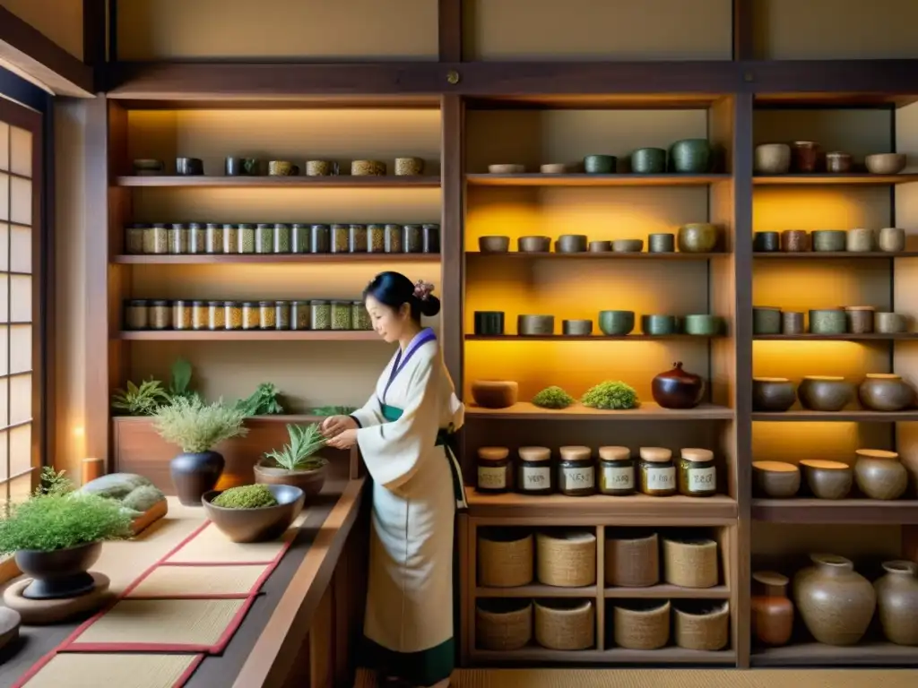 Una tienda de hierbas medicinales tradicional japonesa con estantes de madera antigua llenos de frascos de hierbas y plantas secas