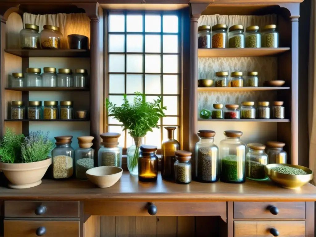 Tienda de hierbas medicinales tradicionales en la penumbra, con estantes de madera repletos de frascos de vidrio llenos de coloridas hierbas