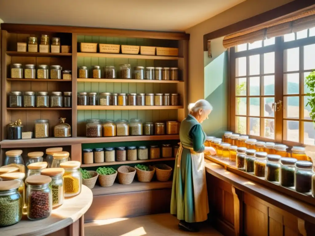 Una tienda de hierbas vintage con té medicinal ancestral, la sabiduría de la historia y la calidez del sol