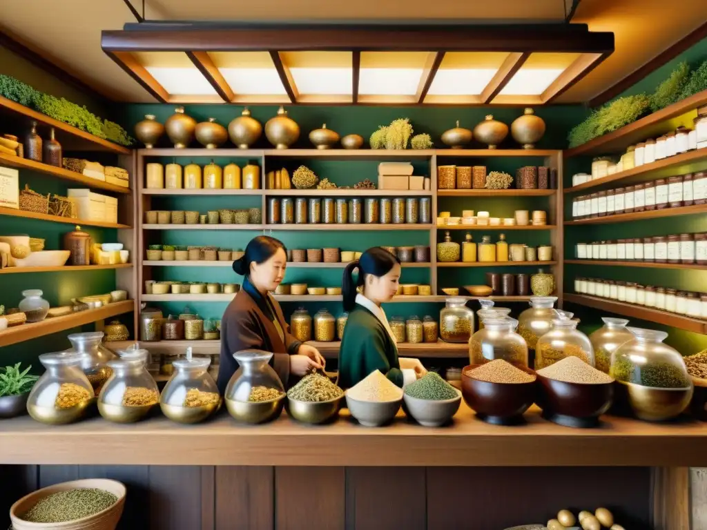 Una tienda de medicina tradicional china con estantes repletos de plantas secas, raíces y hierbas