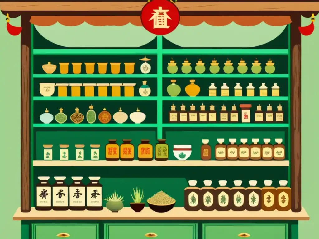 Una tienda de medicina tradicional china con hierbas, frascos y un herbolario sabio