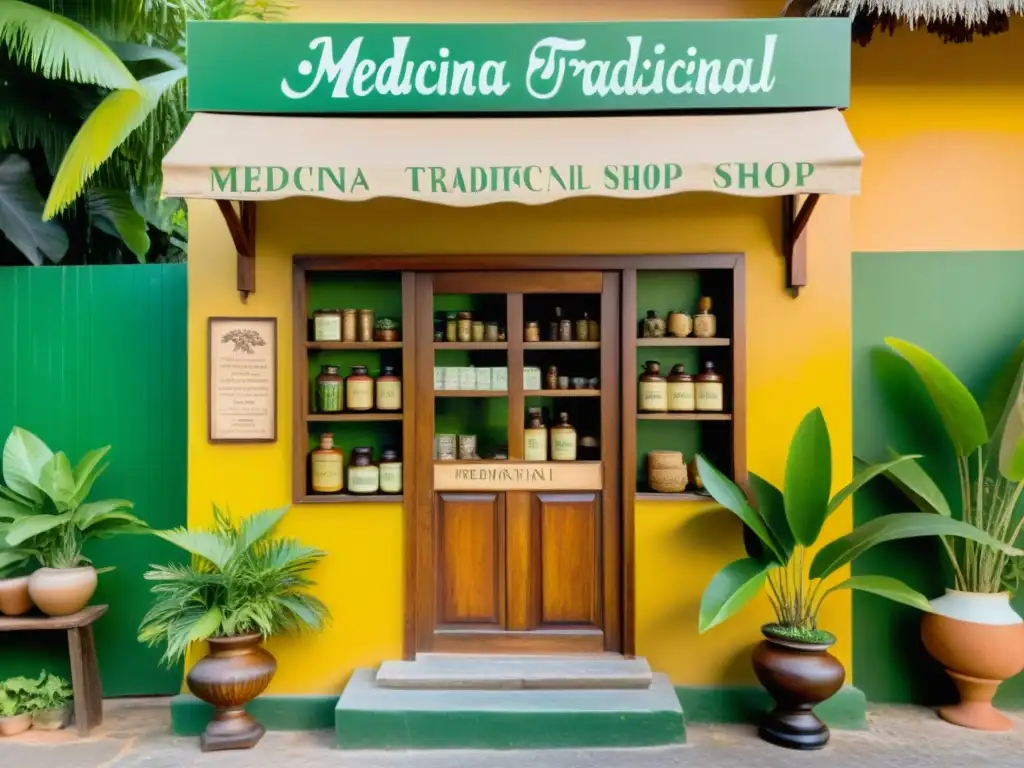 Tienda de medicina tradicional en paraíso tropical, con murales coloridos y letrero de madera 'Medicina Tradicional'