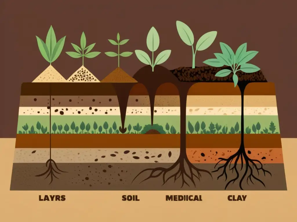 Una ilustración vintage muestra tipos de tierra con tonos terrosos y detalles que revelan su textura