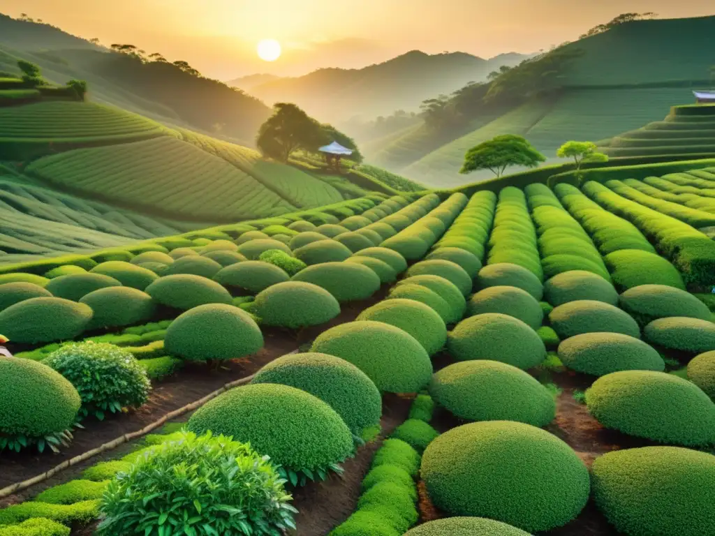 Trabajadores cosechando hojas de té en una plantación exuberante, evocando tradición y los beneficios del té verde para longevidad