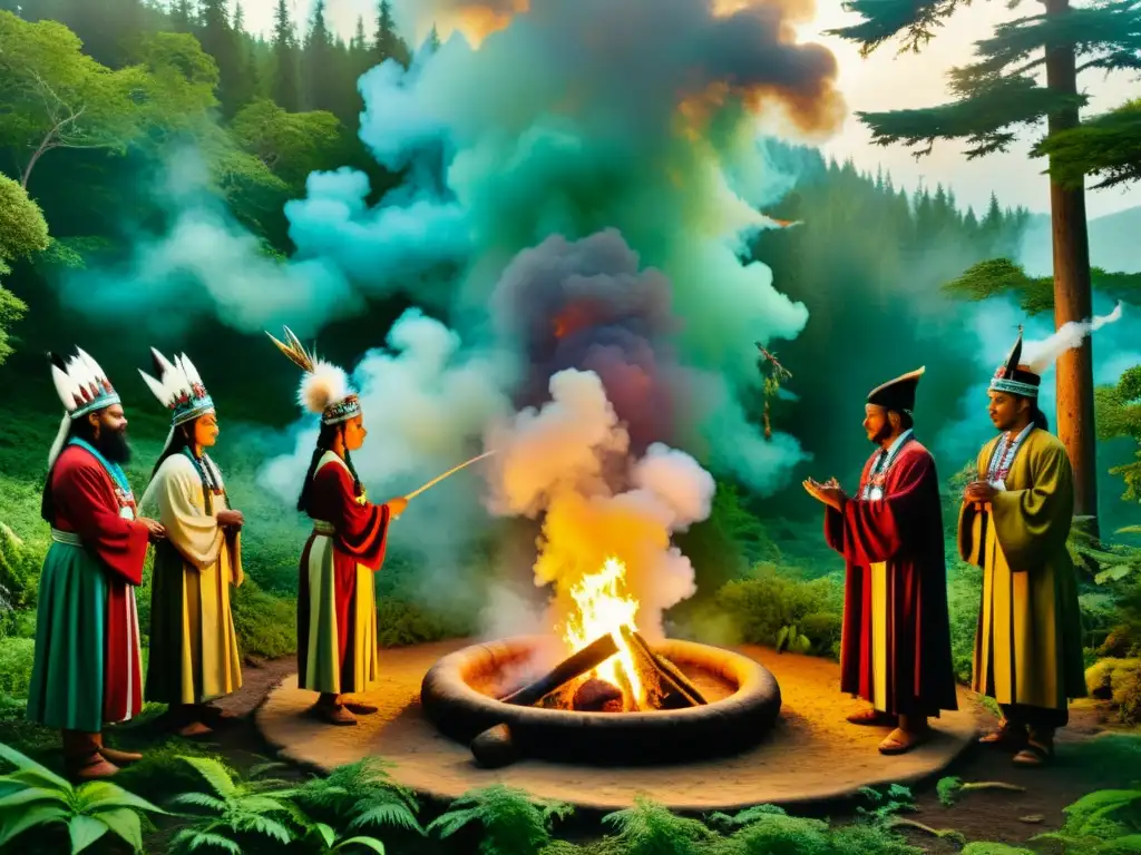 Formación chamanes medicina tradicional: Ilustración vintage de una ceremonia chamánica en el bosque, con aprendices y un sabio chamán