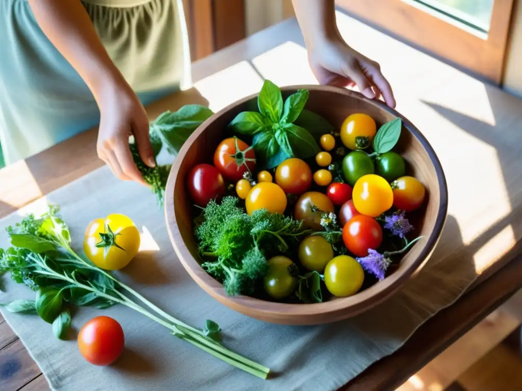 Preparación tradicional de ensalada con ingredientes frescos y coloridos en mesa de madera rústica