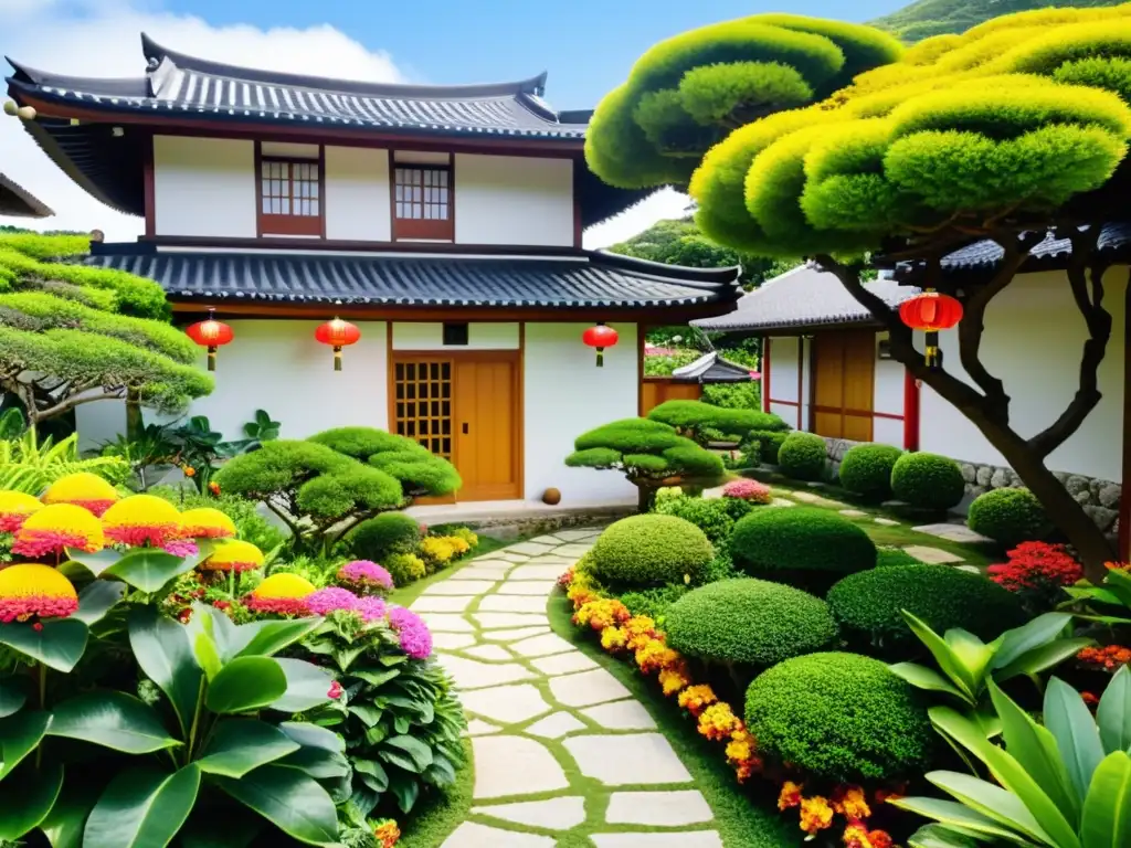 Un jardín tradicional de hierbas medicinales en Okinawa, con exuberante vegetación y flores vibrantes en plena floración