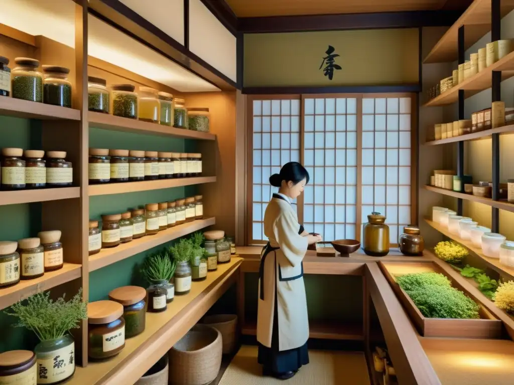 Una ilustración vintage de una tradicional tienda de hierbas medicinales japonesa, con estantes repletos de frascos de hierbas y ingredientes botánicos coloridos