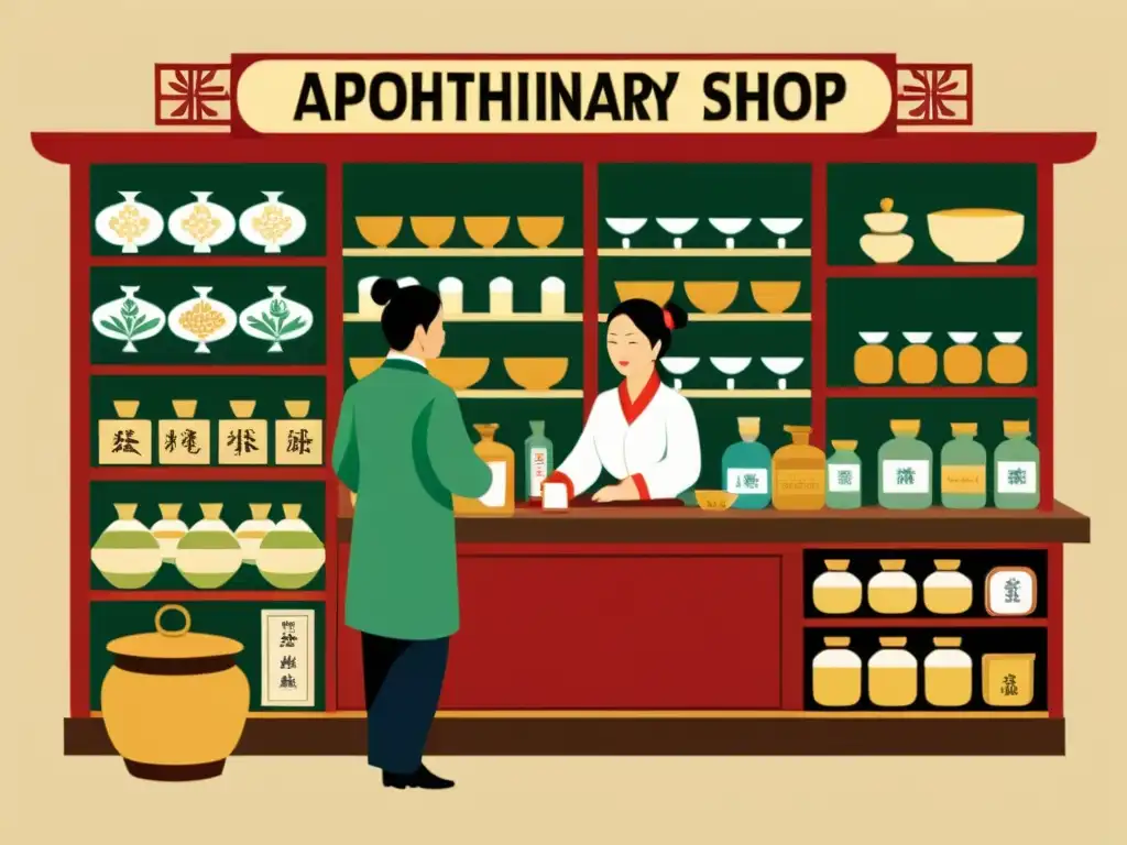 Una ilustración vintage de una tradicional tienda de medicina china con estantes repletos de hierbas y remedios, un practicante tradicional consultando con una pareja y actividad bulliciosa en la tienda