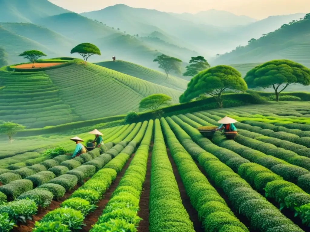 Tradicional plantación de té verde con cosecha matutina entre la niebla, evocando serenidad y beneficios del té verde para longevidad