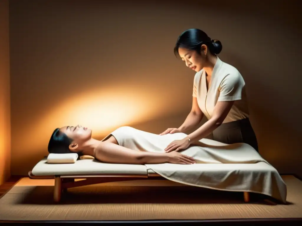 Rejuvenecimiento con Shiatsu: Masaje sereno en habitación vintage Una ilustración vintage de una tranquila habitación con masaje shiatsu