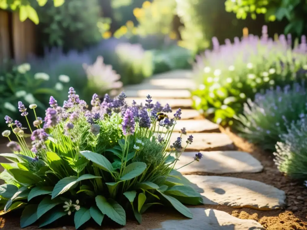 Un jardín tranquilo con hierbas aromáticas para calmar mente, bañado por la luz del sol entre sombras y colores de la naturaleza