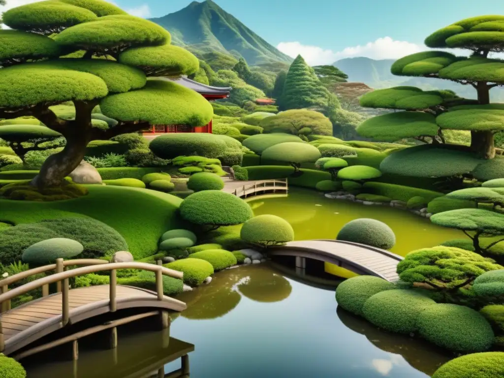 Un tranquilo jardín de té japonés con arbustos verdes exuberantes, una casa de té tradicional y un estanque sereno