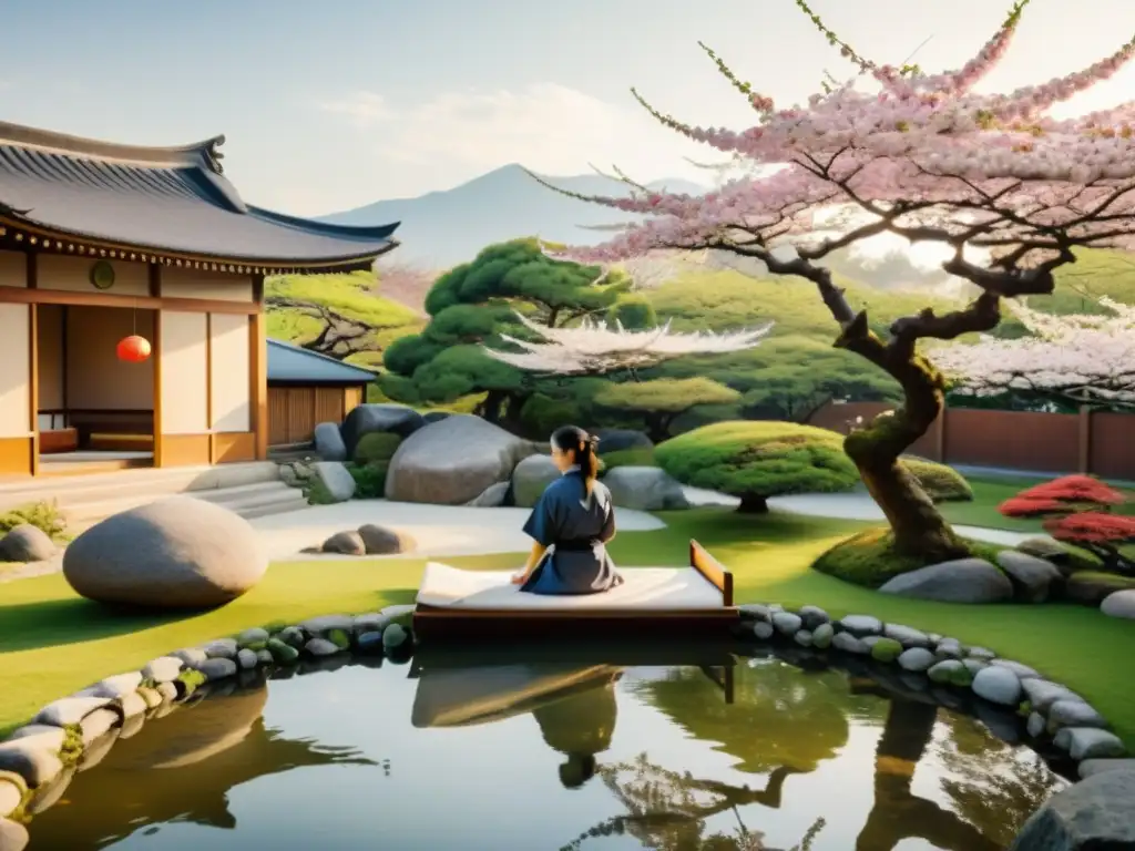 Un tranquilo jardín japonés con cerezos en flor, un estanque de carpas koi y una clínica de acupuntura