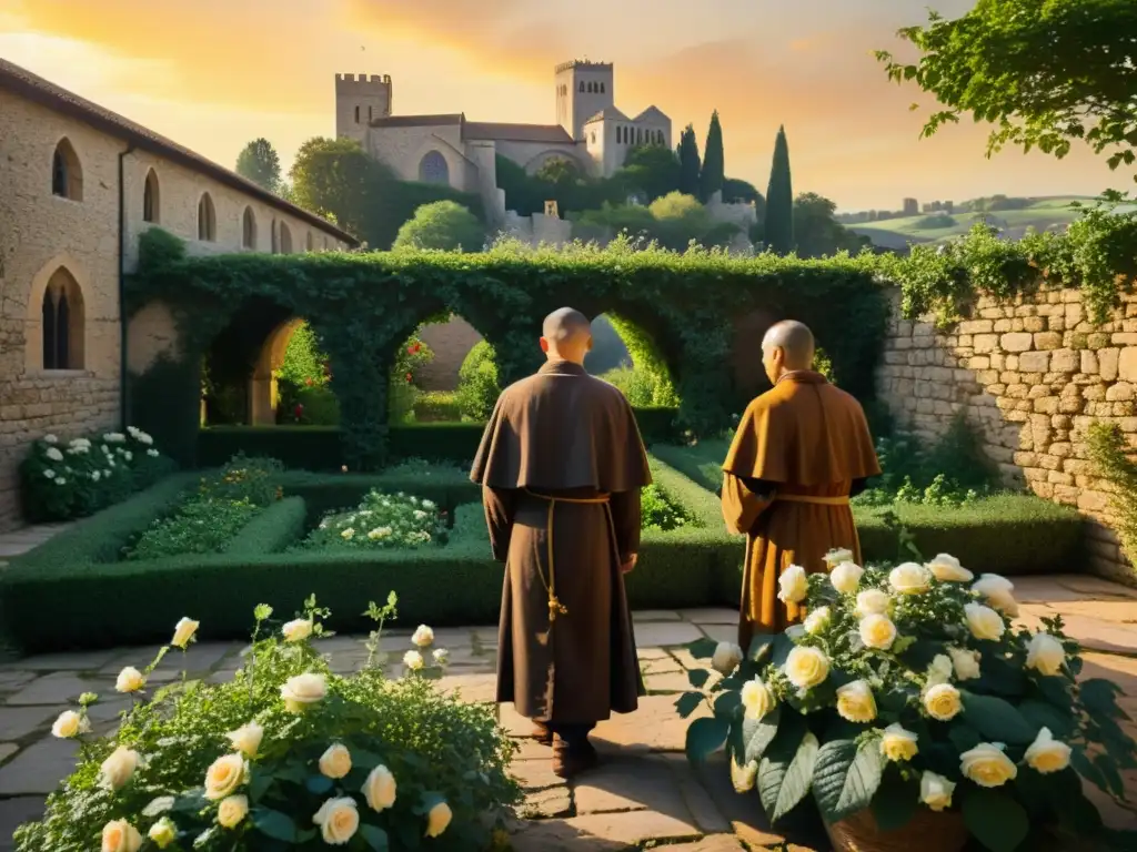 Un tranquilo jardín de un monasterio medieval con monjes cuidando hierbas bajo la cálida luz del sol poniente