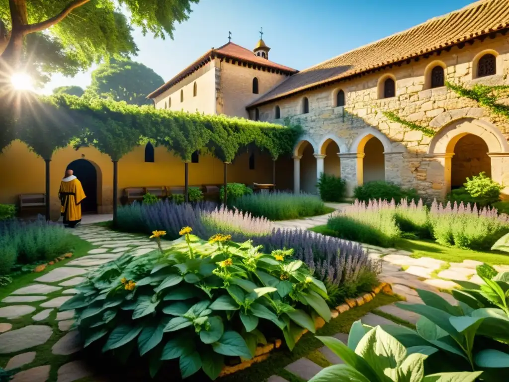 Un jardín tranquilo dentro de un monasterio, donde los monjes cuidan plantas medicinales