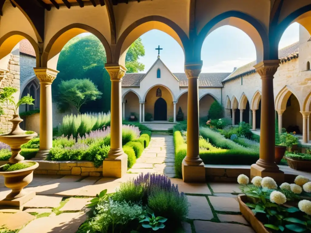 Un tranquilo patio de un monasterio medieval con un jardín de hierbas, monjes y luz solar, evocando recetas herbales antiguas para sanación espiritual