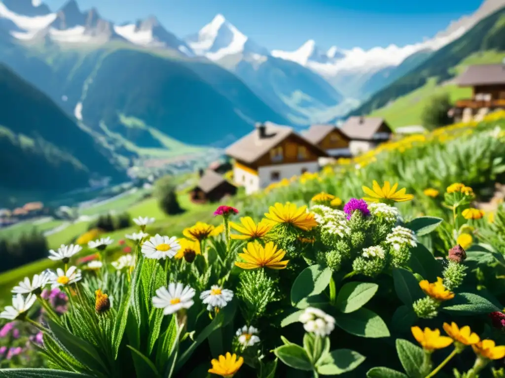 Un tranquilo pueblo alpino entre montañas nevadas, con hierbas alpinas y flores silvestres coloridas