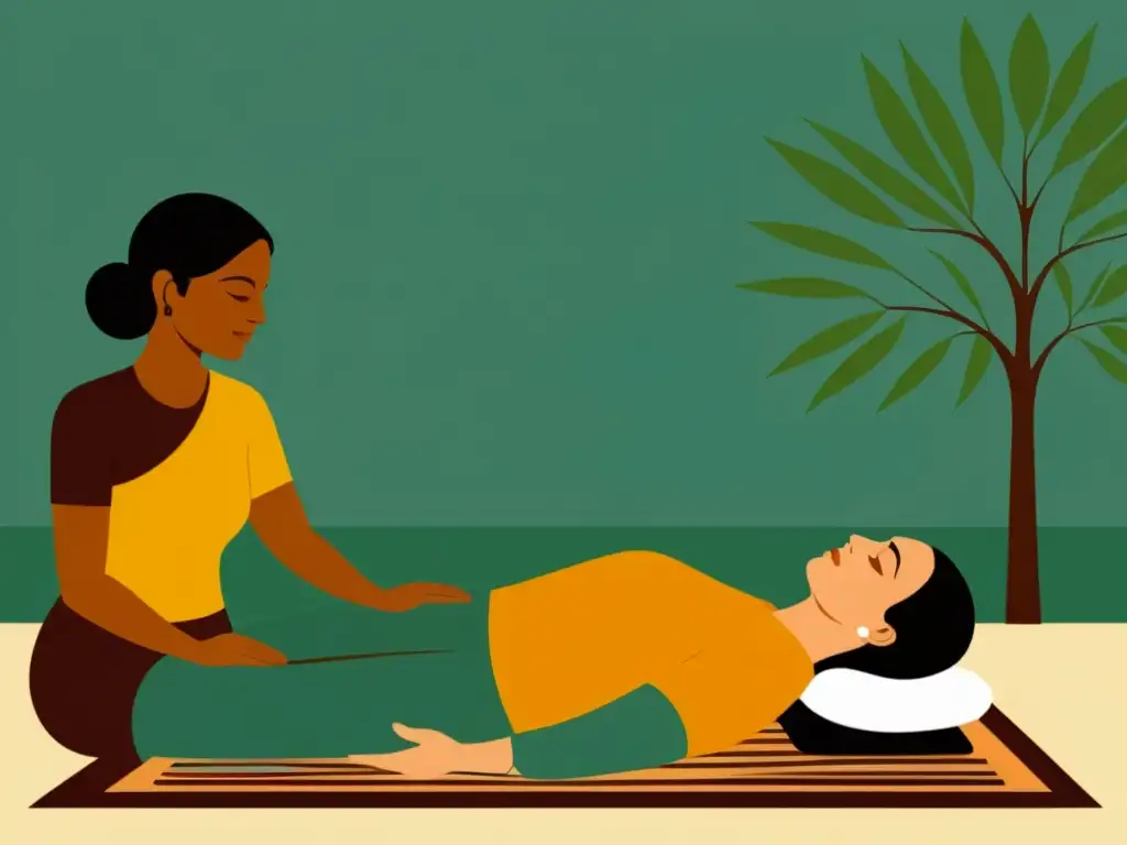 Un tratamiento de Terapia de Polaridad en Ayurveda, con colores cálidos y una atmósfera serena de sanación holística