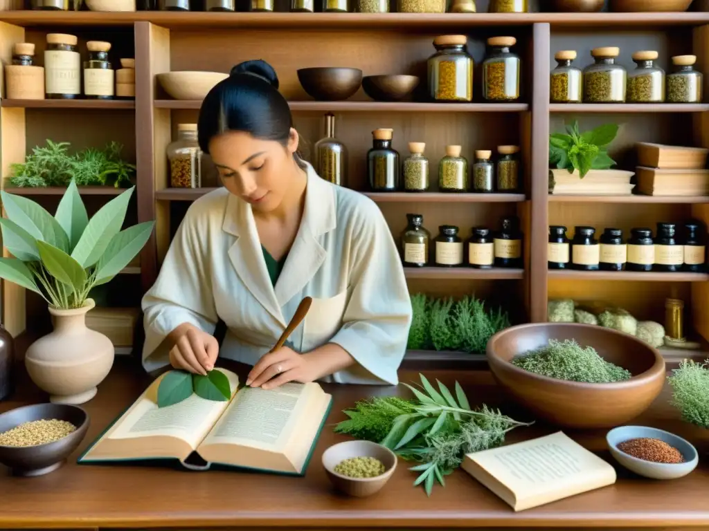 Avicena prepara hierbas medicinales en su apotecario Avicena prepara tratamientos herbales en medicina tradicional en un apotecario antiguo, rodeado de hierbas y textos médicos
