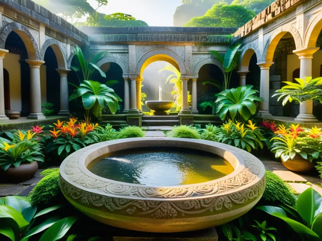 Un jardín tropical con un antiguo recipiente de piedra lleno de agua, rodeado de flores vibrantes y ruinas antiguas