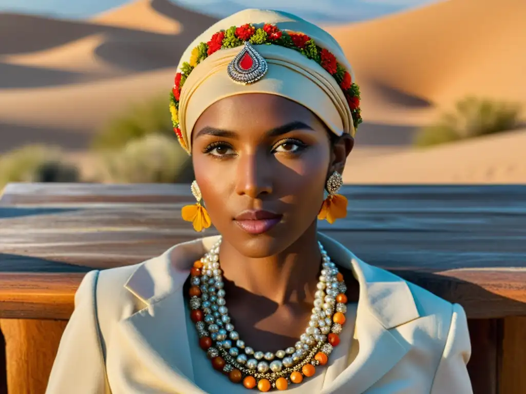 Un turbante vintage tejido con adornos florales y cuentas descansa sobre una mesa de madera, en un desierto dorado