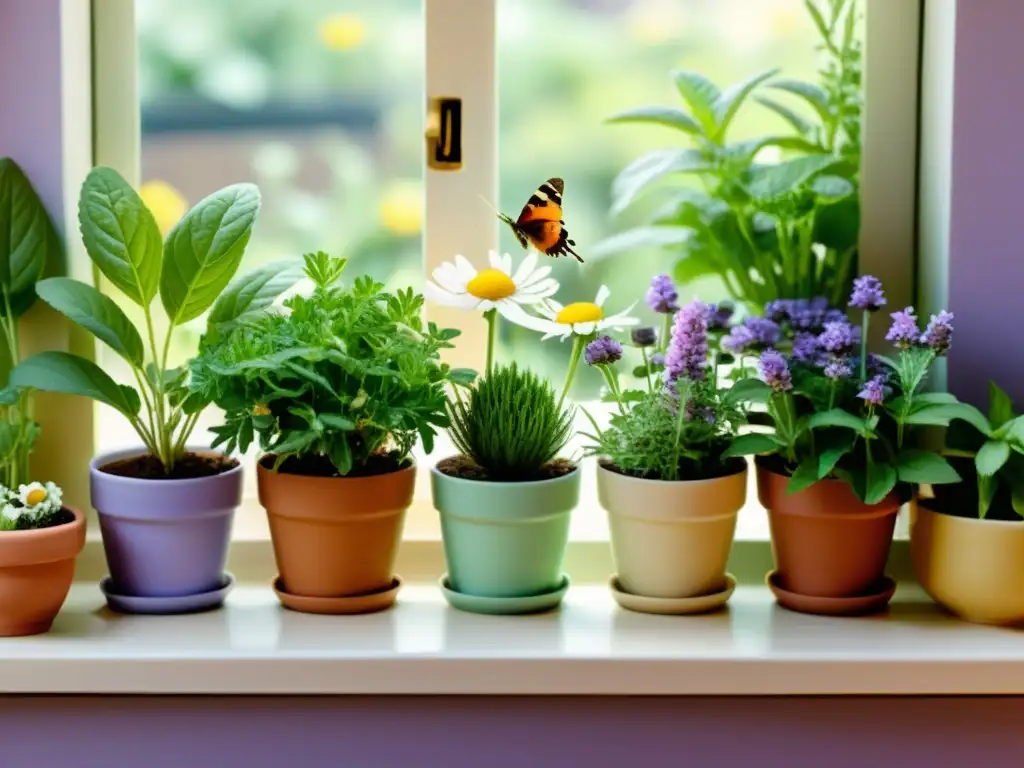 Un jardín urbano de hierbas medicinales en un alféizar, con luz solar filtrándose entre las hojas y abejas y mariposas revoloteando entre las flores