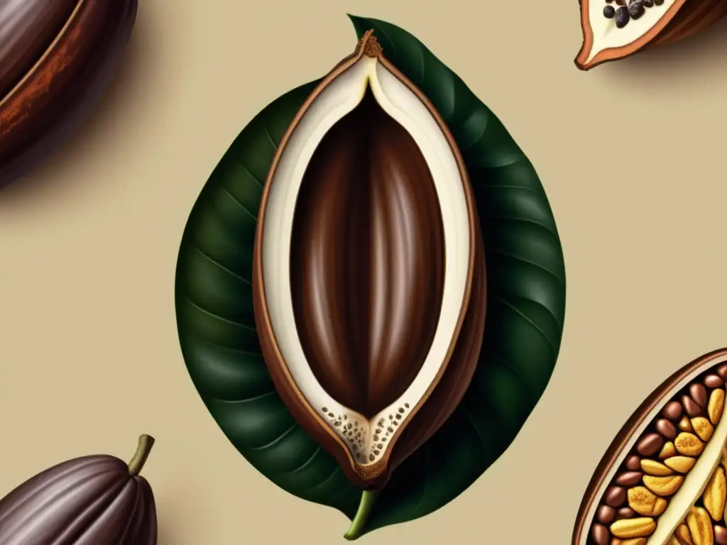 Una ilustración vintage de una vaina de cacao abierta, revelando los ricos granos de cacao oscuro