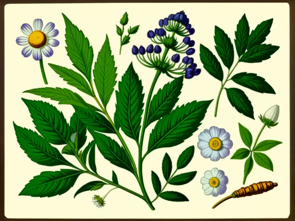 Una ilustración botánica vintage muestra una variedad de hierbas medicinales detalladas con colores vibrantes