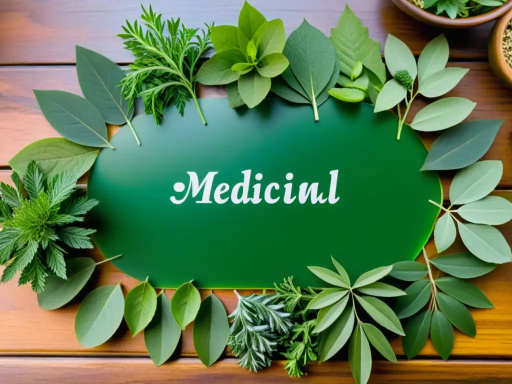 Una variedad de hierbas medicinales tradicionales bellamente dispuestas en una mesa de madera