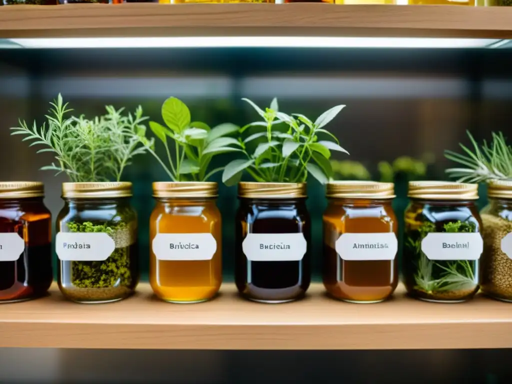 Variedad de plantas en frascos de vidrio con líquido ámbar en diferentes etapas de fermentación