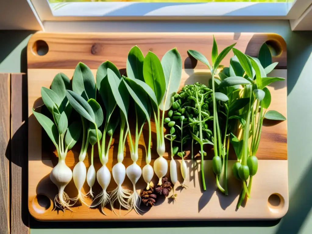 Variedad de semillas y legumbres germinadas en tabla de madera, bañadas por luz solar