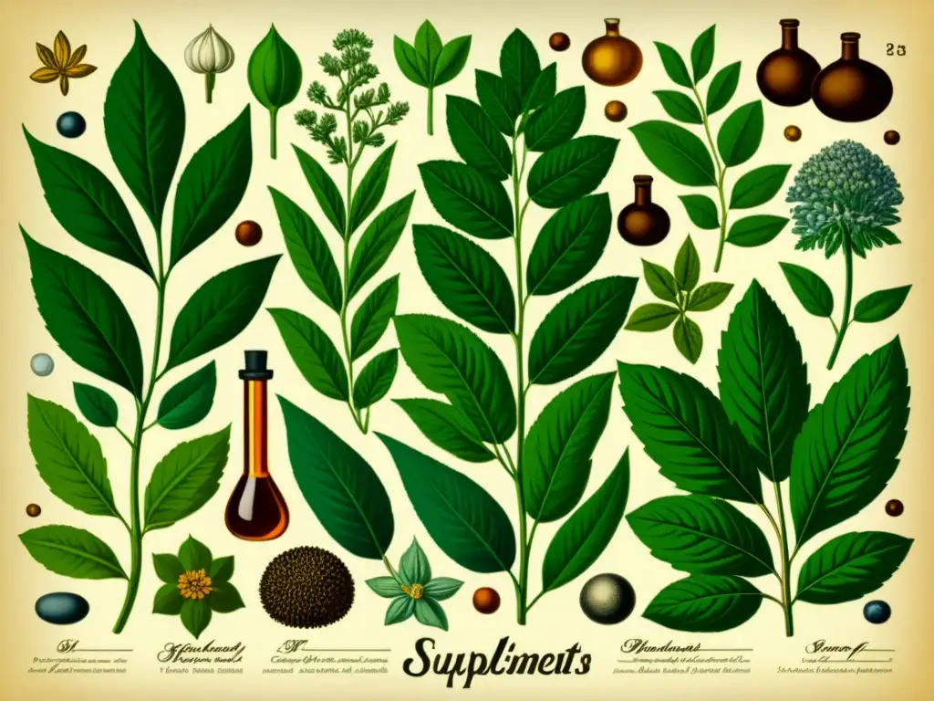 Una ilustración vintage muestra una variedad de suplementos herbales con detalles meticulosos