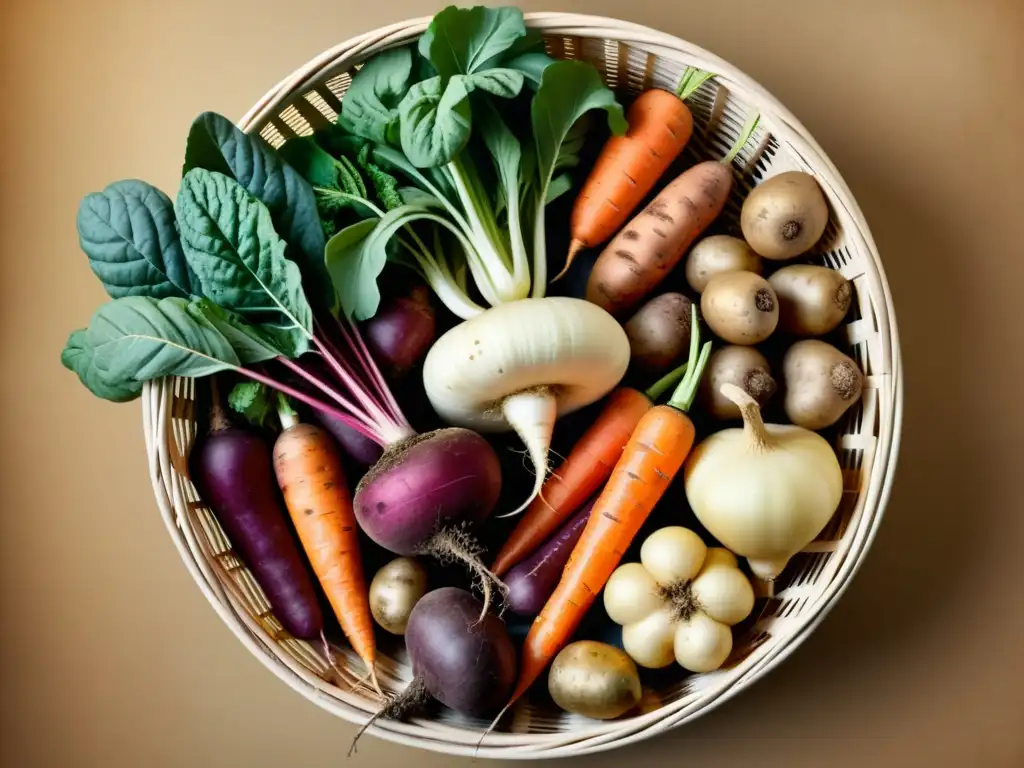 Ilustración vintage de vegetales y tubérculos en cesta de mimbre Una ilustración vintage de una variedad de vegetales y tubérculos en una cesta de mimbre