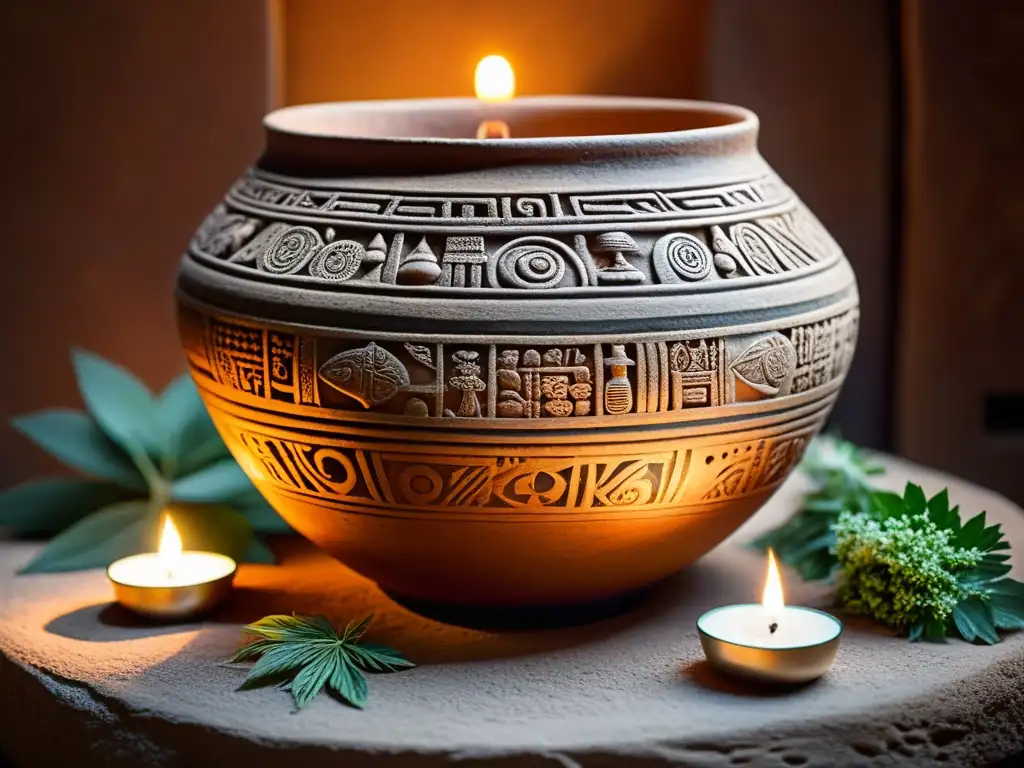 Vaso maya decorado con plantas medicinales y símbolos espirituales en altar de piedra con velas y hierbas aromáticas