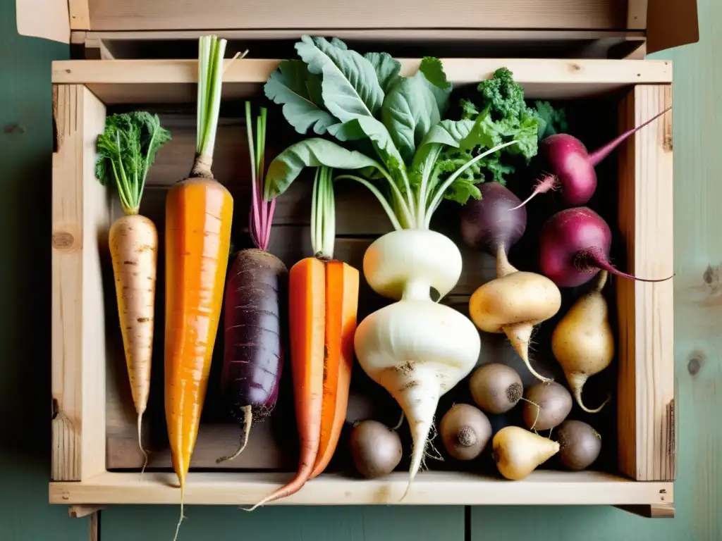 Ilustración vintage de raíces y tubérculos en caja rústica Una ilustración vintage de vegetales terrosos y tubérculos en una caja rústica de madera