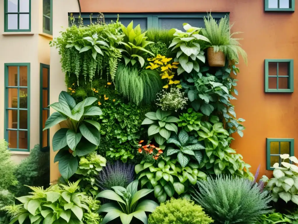 Un jardín vertical exuberante y nostálgico para cultivar hierbas, en un edificio rústico con textura