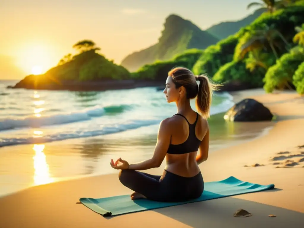 Un viajero sereno practica yoga en una playa apartada al amanecer, rodeado de exuberante vegetación y el mar